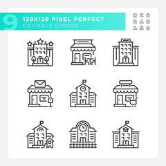Set of pixel perfect black icons set representing various buildings, editable thin line illustration.