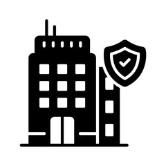 Protection shield with commercial building showing concept icon of building insurance, office insurance