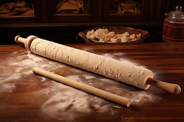 rolling pin flattening dough on a wooden table