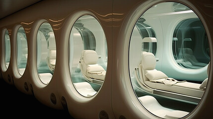 space ship interior with individual living pods for humans to sleep