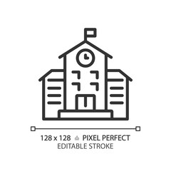 2D pixel perfect editable black school icon, isolated vector, building thin line illustration.