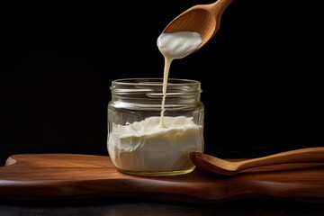 Fototapeta na wymiar a spoon scooping yogurt from a glass jar