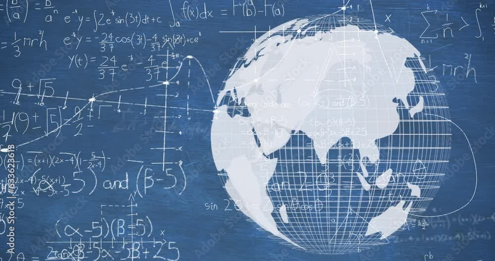 Poster animation of mathematical equation and diagrams and rotating globe over blue background