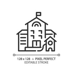 2D pixel perfect editable black building with flag icon, isolated vector, building thin line illustration.