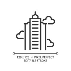 2D pixel perfect editable black skyscraper icon, isolated vector, building thin line illustration.