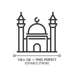 2D pixel perfect editable black mosque icon, isolated vector, building thin line illustration.