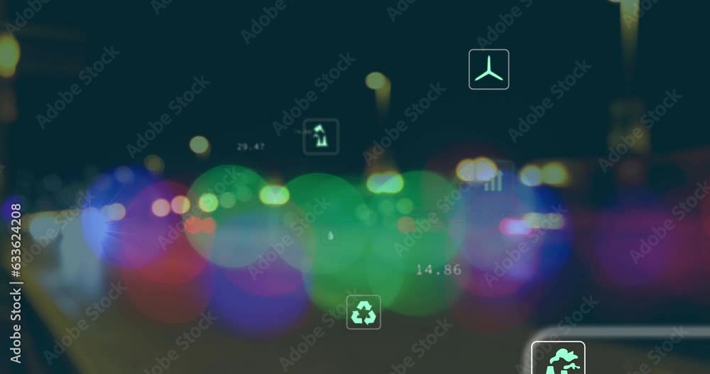 Poster animation of multiple icons and computer language over blurred vehicles moving on street in city