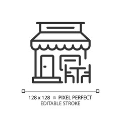 2D pixel perfect editable black cafe icon, isolated vector, building thin line illustration.