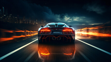 Fototapeta na wymiar Sports car races through dark blurred motion
