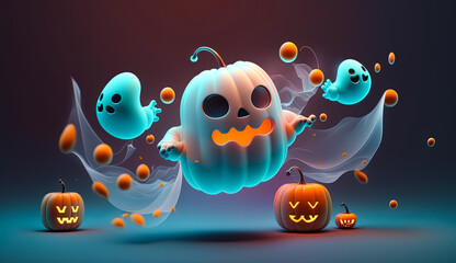 Obraz premium cartoon illustration of nice Halloween pumpkins and ghosts with cute face. Halloween concept