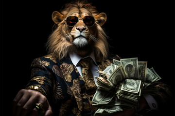 a lion wearing a suit and holding money