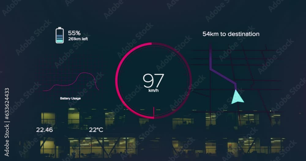 Poster animation of changing numbers in loading circle, battery icon and navigation pattern over building