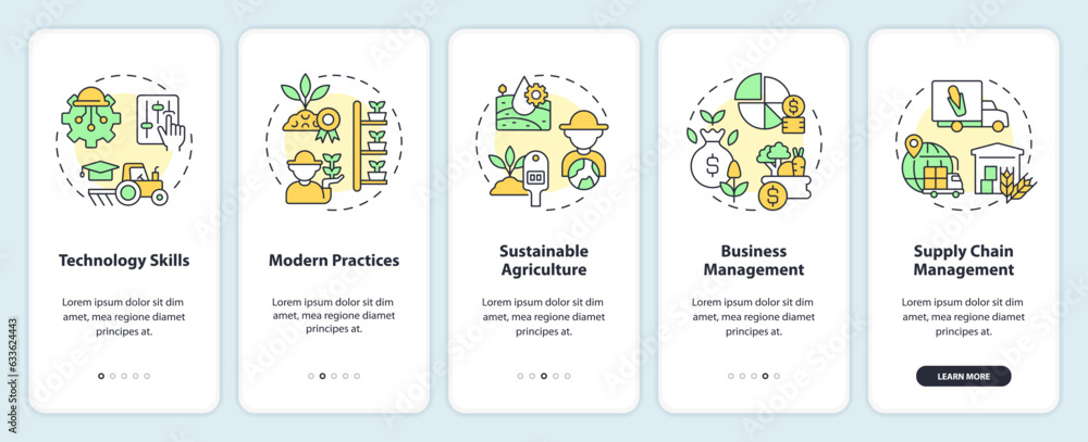 Poster skills required in agriculture onboarding mobile app screen. walkthrough 5 steps editable graphic in