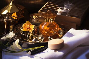 Fototapeta na wymiar close-up of various skincare products on vanity