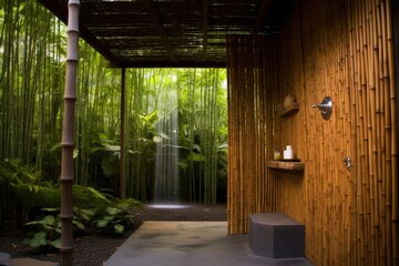 outdoor shower with natural bamboo walls