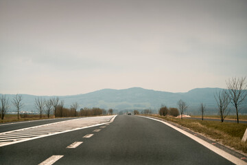 New A1 highway in Poland. The autostrada A1, officially named Amber Highway. View from the car on a...