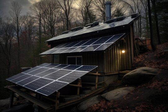 solar panels on a secluded cabin roof