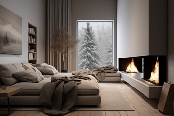 cozy minimalist living room with a fireplace