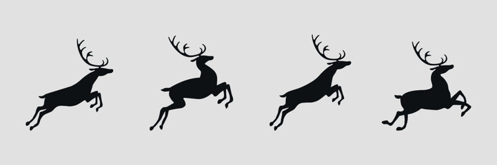 Running deer. Collection. Black silhouette. Vector on gray background