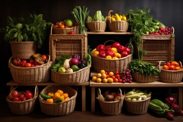 wicker baskets with fresh fruits and vegetables on shelves