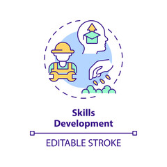 Skills development multi color concept icon. Growing plants. Harvesting crop. Operating equipment. Agriculture education. Round shape line illustration. Abstract idea. Graphic design. Easy to use
