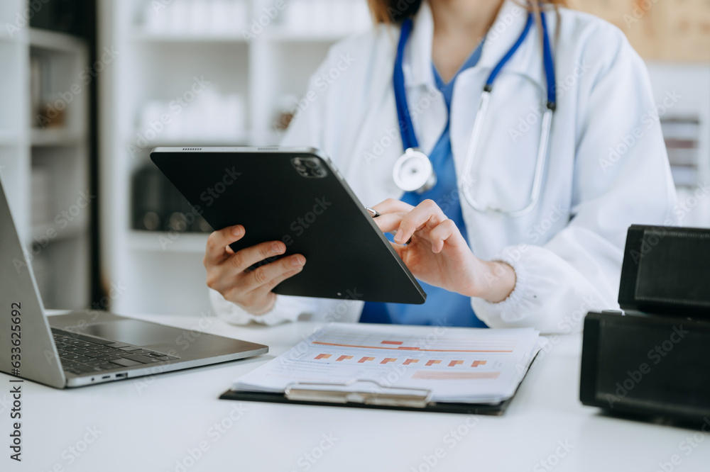 Poster medicine doctor hand working with modern digital tablet computer interface as medical network concep
