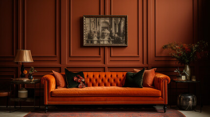 Terra cotta velvet sofa near wainscoting paneling wall