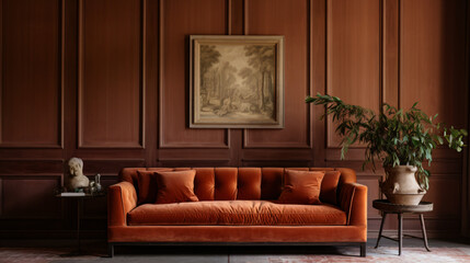 Terra cotta velvet sofa near wainscoting paneling wall