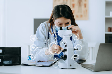 Female scientist researcher conducting an experiment working in the chemical laboratory with VR...