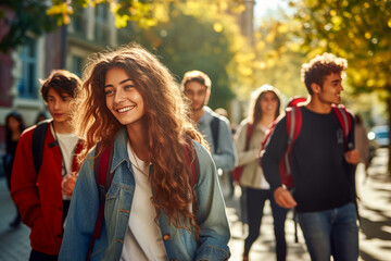 Obraz premium a group of people wearing casual clothing and carrying backpacks, walking on a street