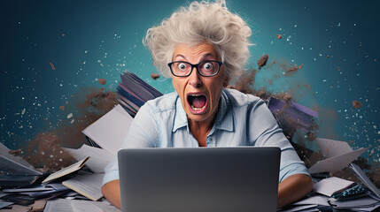 woman semi retired person, slumped over a compter frustrated by tech problems they cant solve, funny frustrated angry expression on face - obrazy, fototapety, plakaty