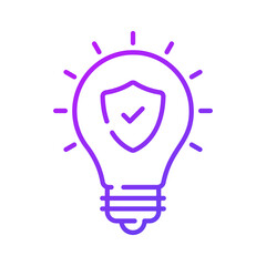Safety shield with tick mark inside light bulb, concept of idea protection icon