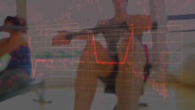 Animation of heart rhythms over blurred caucasian man performing seated row cable in gym