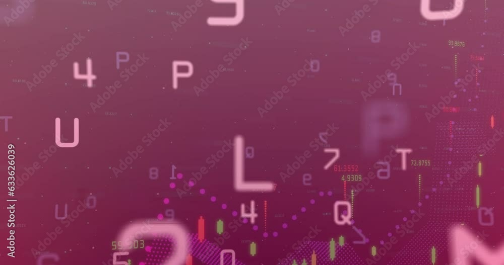 Poster animation of letters, numbers and multiple graphs with changing numbers over black background