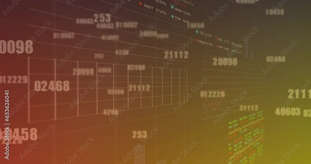Poster animation of changing numbers, graphs and trading board over gradient background