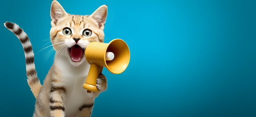 Cat announcing using hand speaker. Notifying, warning, announcement