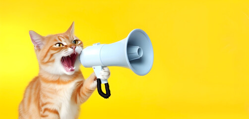 Cat announcing using hand speaker. Notifying, warning, announcement