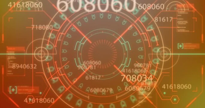 Animation of changing numbers, mandala pattern and computer language over abstract background