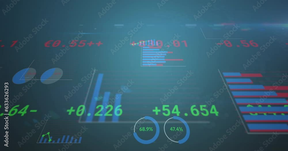 Poster animation of changing numbers over multiple graphs and trading board over blue background