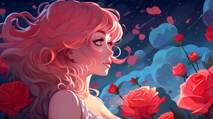illustration beautiful woman with flower in space for background or wallpaper
