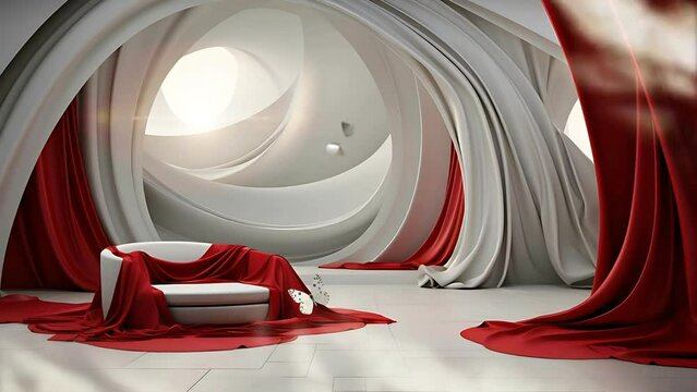 classic fantasy interior room with red curtains. Seamless 4k loop animation