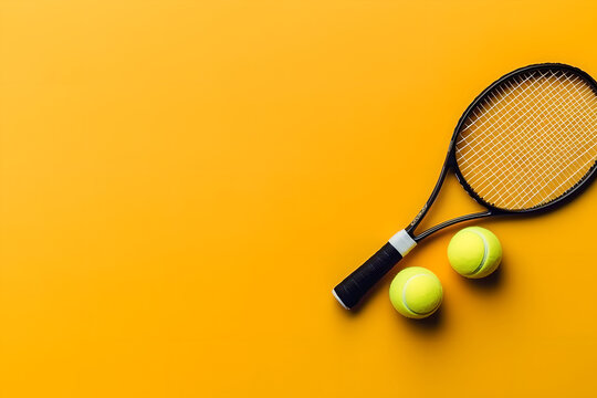 Top-View Tennis Ball and Racket on Yellow Background with Copy Space for tennis sport background © AspctStyle