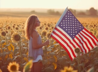 Woman holding USA flag in a sunflower field. Generative Ai