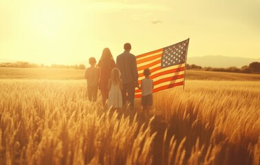 Family holding an american flag in the field and looking into the sun. Generative Ai.