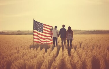Family holding an american flag in the field and looking into the sun. Generative Ai.
