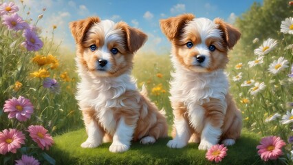 Dog cute and fluffy pup fairy garden sitting on the grass. generative AI