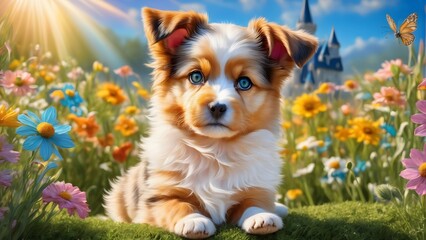 Dog cute and fluffy pup fairy garden sitting on the grass. generative AI