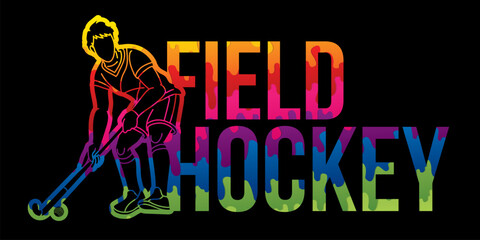 Field Hockey Text with Male Player Cartoon Sport Graphic Vector