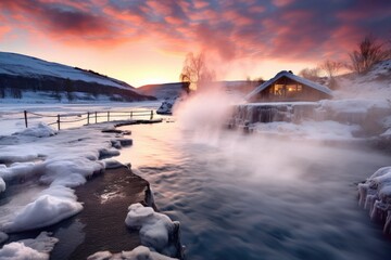 steam rising from a geothermal hot spring during winter - obrazy, fototapety, plakaty