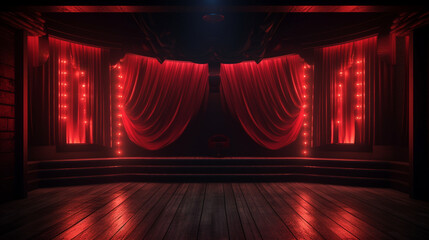 Empty burlesque stage or podium for dance with red curtain. Copy space. Luxury design. Generative AI - obrazy, fototapety, plakaty